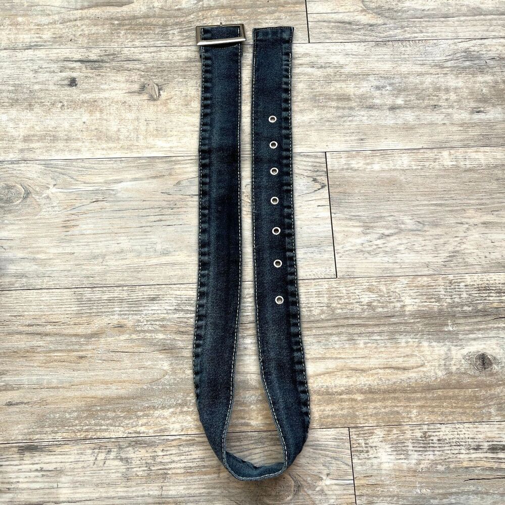 Y2K Denim Belt With Silver Buckle Rectangle and Grommets Early 2000s Blue Cute